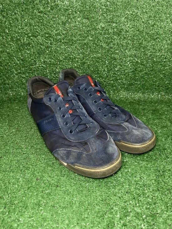 PRADA Mens Size 13 US Suede Leather Nylon Shoes Navy Red Stripe Luxury Sneakers main image 11